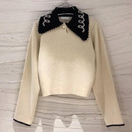 2021 Spring Women New Gentle Casual Turn Down Collar Loose Soft Minimalist Panelled Long Sleeve Pullover Knit Sweater D191