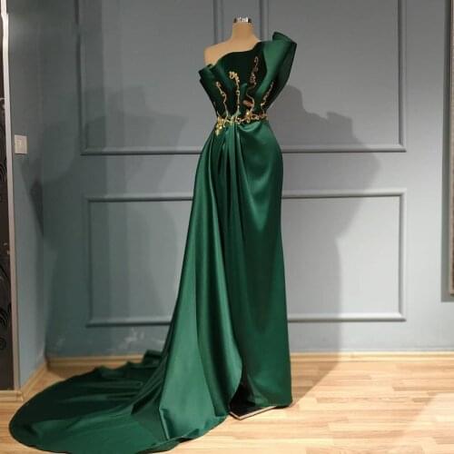 Emerald Green Mermaid Evening Dresses Ruffles Satin Gold Appliques Beaded Long Prom Dresses Formal Party Dress Soiree Robe