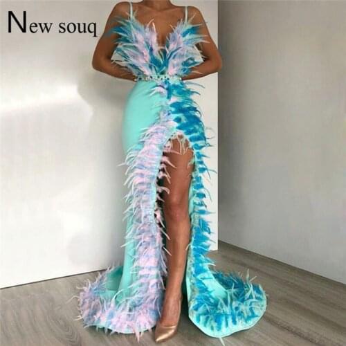 Feather Evening Dress Hot Sexy High Split Side African Prom Dresses Beaded Party Gowns Robe De Soiree 2019 New Arrival Blue Gown