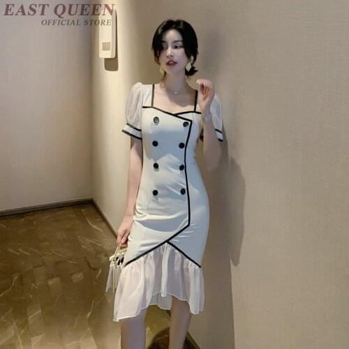 Dresses Summer 2019 Mermaid Double Breasted WomenS Asymmetric Dresses Short Sleeve Vestido White Robe Vintage Femme DD2304