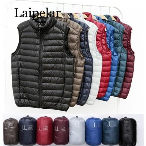 Laipelar Winter New Men White Duck Down Vest Ultralight Sleeveless Vest Jacket Fashion Stand Collar Men Large Size Loose Vest