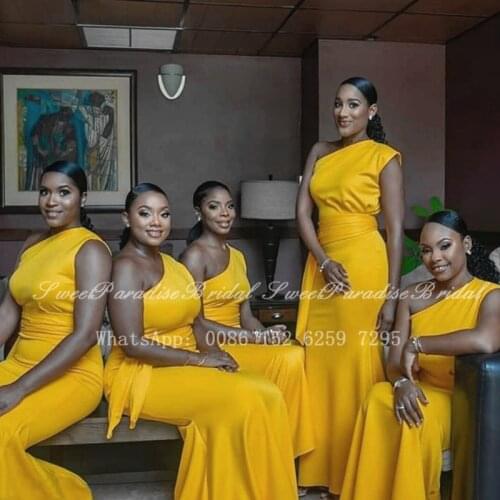 Gold Yellow Mermaid Bridesmaid Dresses With Sash Long One Shoulder Women Wedding Maid Of Honor Dress Robe De Soiree De Mariage