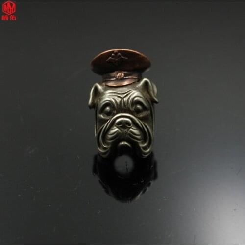 1PCS EDC Knife Bead Retro Distressed White Copper Animal Cartoon Dog Head Officer Keychain Paracord Pendant