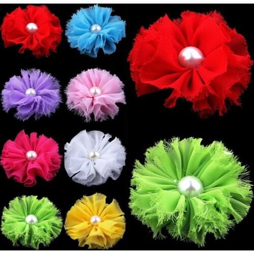 120pcs/lot 3" 16colors Hair Clips Shabby Chiffon Flowers With Pearl For Hair Accessories Fluffy Fabric Flowers For Headbands DIY