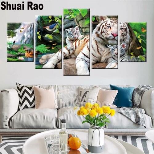 5 panel animal king tiger canvas Diamond Painting full square/round Diamond Embroidery landscape diy handmake 5d cross Stitch