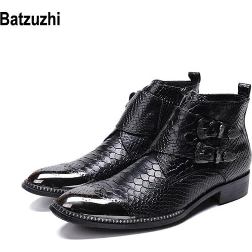 Batzuzhi Handmade Men Short Boots Metal Tip Toe Black Leather Short Boots Male Work, Safety Cowboy Boots Men botas hombre Buckle