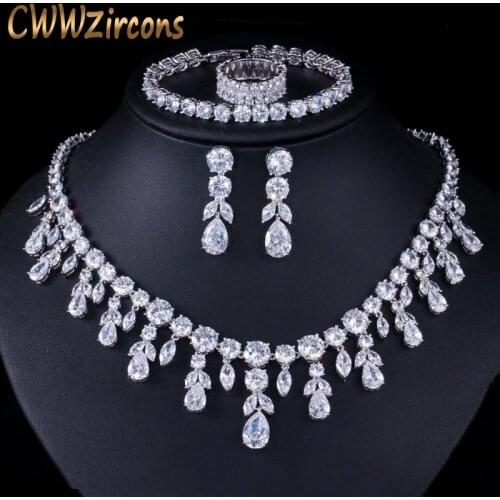 CWWZircons Dangle Drop Dubai Zircon Necklace Earrings Bracelet and Rings Bridal Jewelry Set Women Wedding Dress Accessories T342