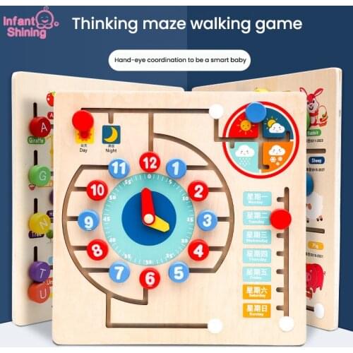Infant Shining Childrens Wooden Clock Maze Teaching Aids Calendar Digital Weather Multifunctional Early Education Toys