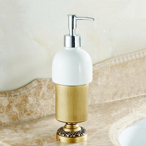 Liquid Soap Dispenser Antique Bronze Finish Brass and Ceramic Hand Kitchen Sink Soap Container Bathroom Shampoo Holder Bottle