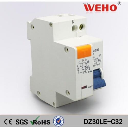 DZ30LE-C32 32A RCBO 1P Residual Current Operated 1 Poles Mini Circuit Breaker
