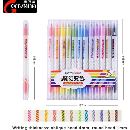 GENVANA G-0595 Magic Color-changing Marker Pen 12 Colors Double-headed Highlighter Students Hand Account Note Discoloration Pens