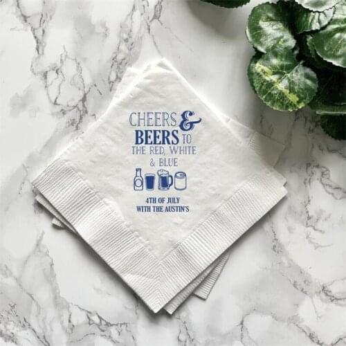 Custom Party Napkins -Cheers and Beers to the Red, White and Blue - Personalized 4th of July Napkin, July 4th Cocktails