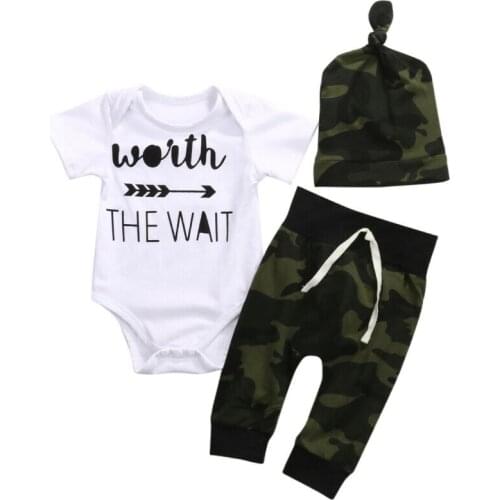 PUDCOCO 3Pcs Newborn Baby Boy Coming Home Cotton Outfits Romper Camo Long Pants Clothes Set 0-18M