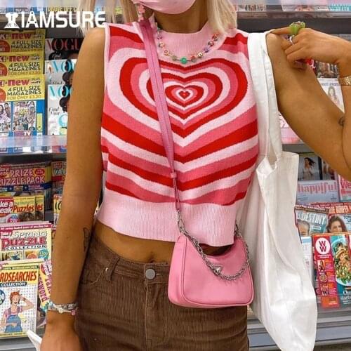 IAMSURE Sweet Heart Shape Pattern Knitted Vest Cute Slim Sleeveless Turtleneck Crop Tops Women 2021 Fashion Y2K Aesthetic Girls