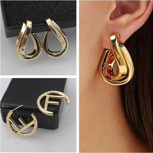 Minimalist Golden Retro Metal Letter F Shape Geometric Round Big Earrings Female Girl Wedding Party Accessories