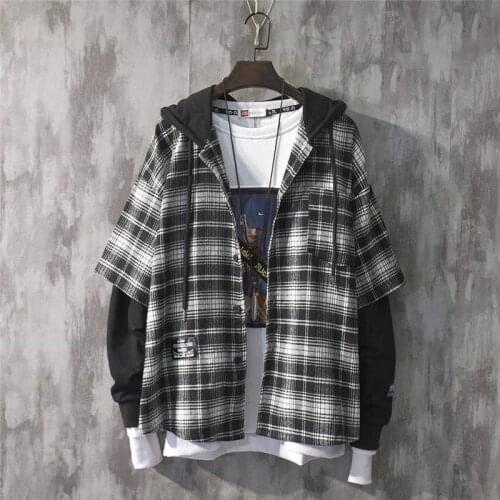 Mens plaid shirt spring and autumn new Korean loose trend hooded long sleeve fake two-piece jacket