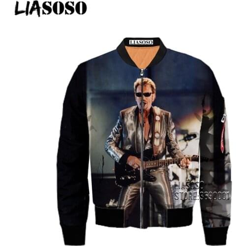 LIASOSO France Singer Johnny Hallyday 3D Print Mens Winter Thick Hip Pop Bomber Jacket Coat Punk Style Plus Size Flight Jacket