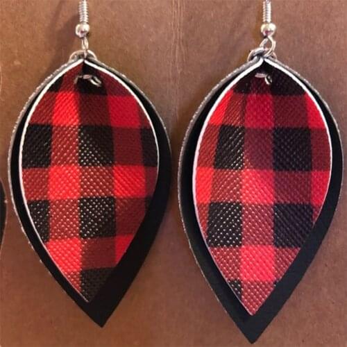 New Doubles Buffalo Plaid Glitter Striped Printed Leather Teardrop Earrings Large Layered Leaf Earrings Valentines Day Gifts
