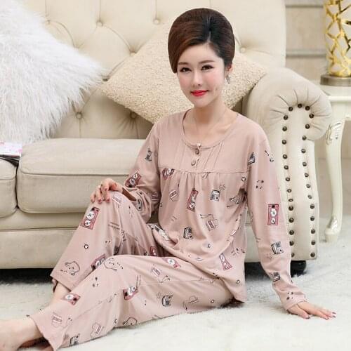 New Autumn 100%Cotton Women Pajamas Set Long Sleeve Round Neck Casual Loose Plus Size M-4XL Female Sleepwear Homewear Clothing