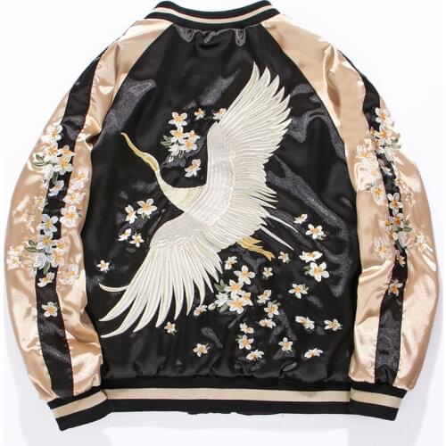 2019 Spring Autumn New Yokosuka Crane Embroidered Flying Jacket Womens and Mens Plus Size Short Satin Jacket Baseball Suit