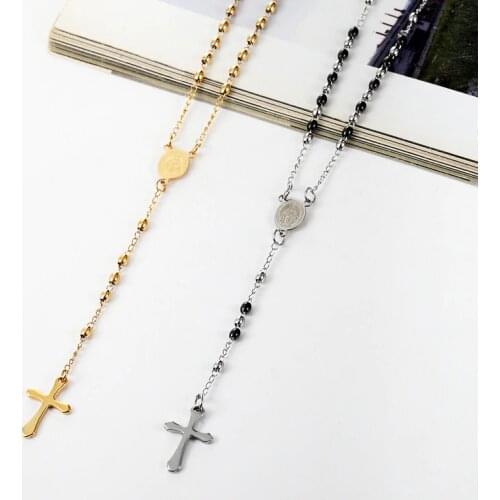 3mm Oval Bead Rosary Cross Pendant Necklace Stainless Steel Jesus Center Christian Catholic Religion Jewelry