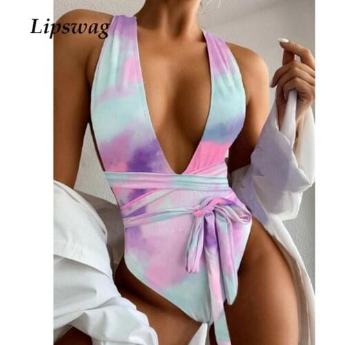 Sexy Halter Hollow Bikini One Piece Printed Swimsuit 2021 V Neck Open Back Women Bikini Swimsuit Monokini Beachwear Bathing suit