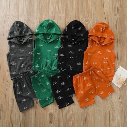Baby Sun Print Clothes Set Boys Sleeveless Hooded Tops with Pocket + Elastic Waist Short Pants Childrens Sets