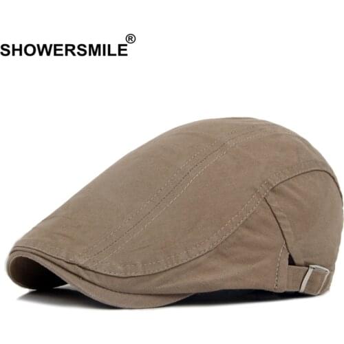 SHOWERSMILE Khaki Spring Summer Berets Hat Men Newsboy Caps Visors Cotton Cabbie Solid Duckbill Ivy British Casual Flat Cap
