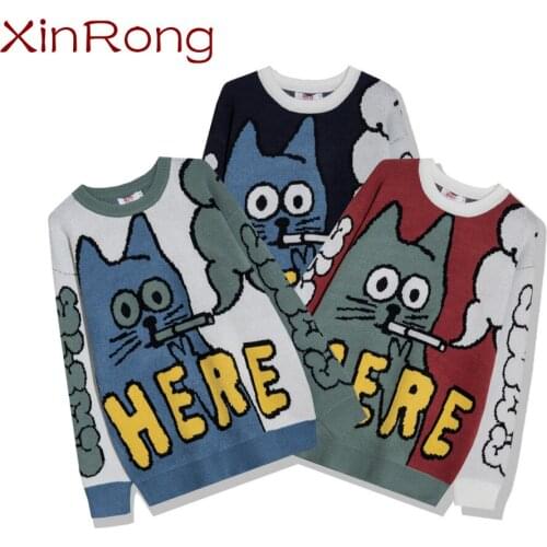 Couple sweater cartoon funny cat pattern round neck pullover sweater male soft slim casual high street fashion spring streetwear