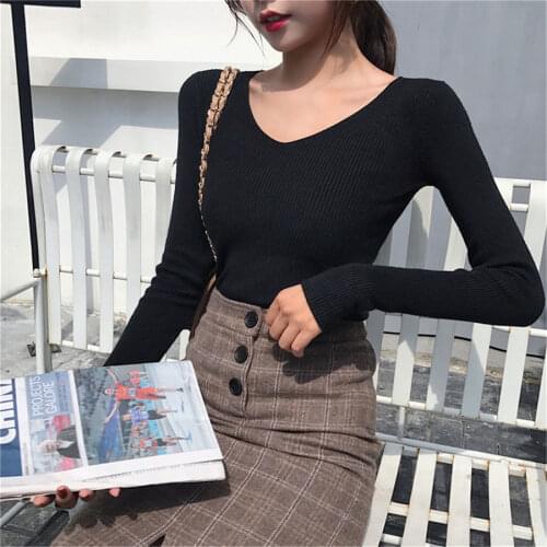 Woman Sweaters Pullover Autumn Double V-neck Black Tight Trousers Sweater Womens Long Sleeve Pullover Sweater Femme Chandails