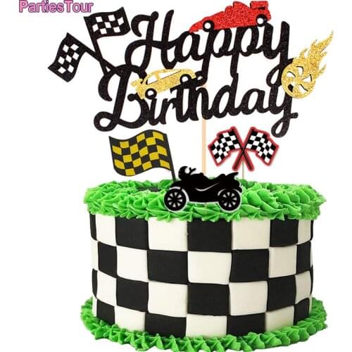 Car Cake Topper Race Car Cake Decor for Racing Car Checkered Flag Motorcycle Happy Birthday Cake Topper Race Party Supplies