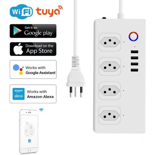 Tuya Extension Socket Smart Control Brazil WiFi Smart Power Strip with 4 Outlets 4 USB Ports Voice works with Alexa, Google Home
