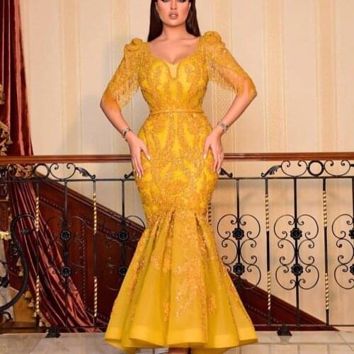 Yellow prom dresses 2020 v neck tassel beading lace appliques mermaid half sleeve evening dresses arabic formal dresses