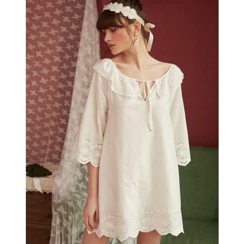 White Lolita Slash Neck Embroidery Cotton Nightgowns For Women Nightwear Sleepwear Vintage Lingerie Sleepdress Homewear