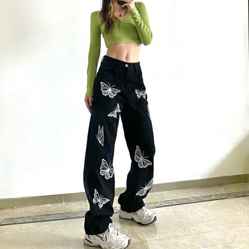 Spring 2021 Women Butterfly Jeans Fashion High Waist Loose Wide Leg Jeans Women Casual Straight Black Denim Pants
