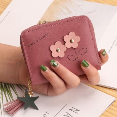 Women Flower Tassel Zipper Wallets Female Short Cute Style Coin Purses Ladies Hot Sale Solid Color Mini Card Holder Clutch Bag