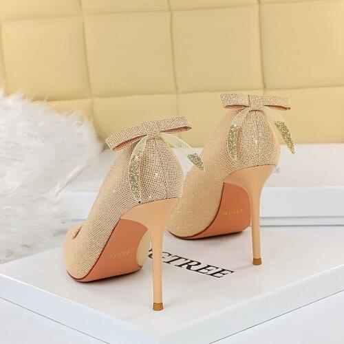 BIGTREE Sweet Butterfly-knot Women Pumps 2021 New Fashion Shine Cloth Shallow High Heels Shoes Woman Sexy Pointed Toe Party Shoe