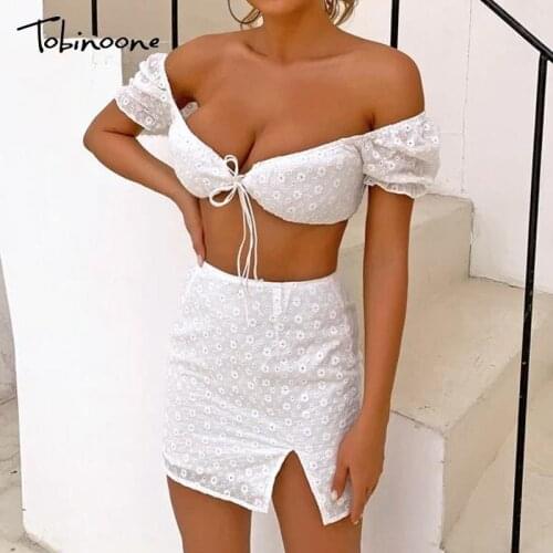 Tobinoone Floral Off Shoulder Crop Top And Split Skirt Set Women Backless Tie Sexy Bodycon Two Piece Set Summer Casual Party Set