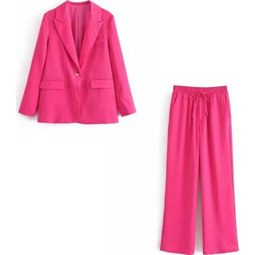 Women Solid red Long sleeve TurnDown Collar Loose Coat Ladies High Waist Strap Straight Pants Female Office Lady Two pieces Set