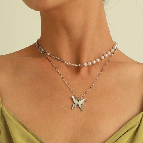 Bohemian Colorful Beads Butterfly Pendant Necklace for Women Vintage Double Layers Chains Clavicle Necklace Colar Jewelry Gift