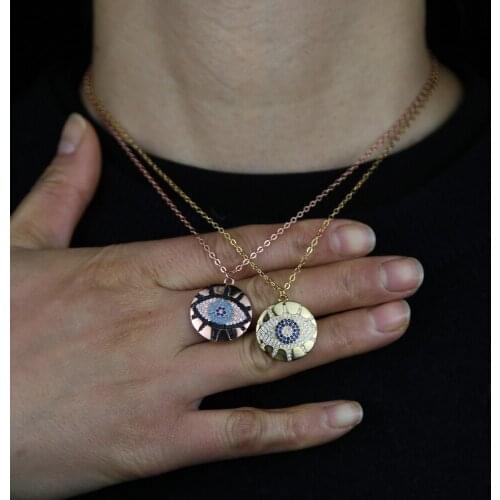 Drop Shipping Blue Turquoises White Black Cubic Zirconia CZ Paved Geometric Round Coin Turkish Evil Eye Pendant Women Necklace