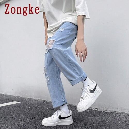 Zongke Ripped Blue Jeans For Men 2021 Denim Trousers For Men Jeans Trousers Ankle-Length M-2XL Autumn New Arrivals