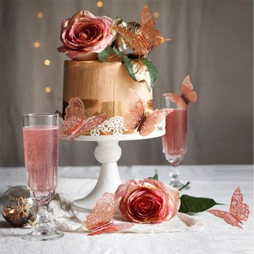 12pcs Cake Decorations 3D Hallow Champagne Butterfly Happy Birthday Cake Toppers for Wedding Baby Shower Birthday Cake Decor