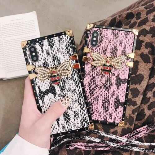 Snakeskin Pattern Phone Case For iphone X 7 8 6S 6 Plus Glitter Bee Square Phone Cover With Lanyard For iphoneXS XR XSMAX