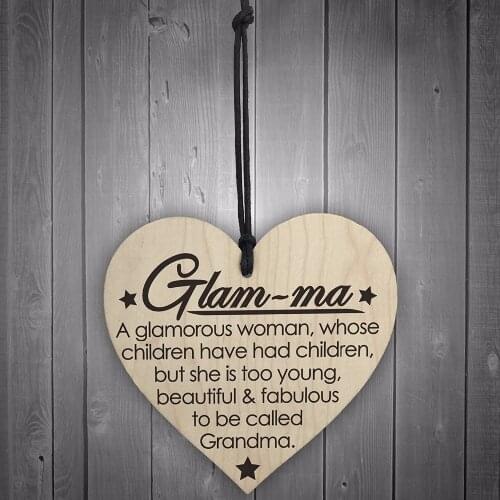 Glam-Ma Fabulous Grandma Wooden Hanging Heart Plaque Shabby Chic Nanny Love Sign Plaque Christmas Home DIY Tree Decoration
