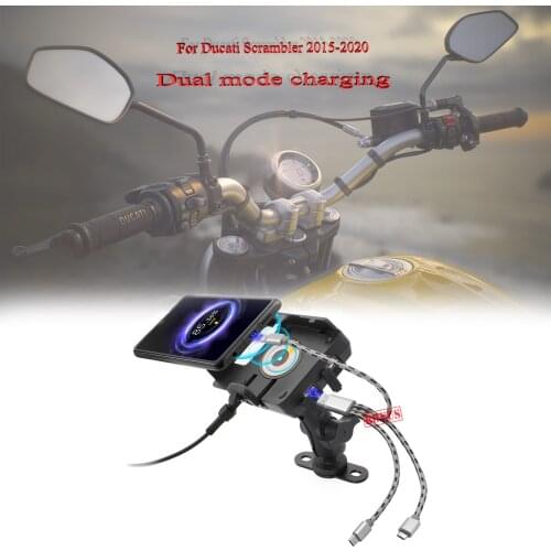 Motorcycle Phone Mount 2 in 1 Wireless/ USB Quick Charger Holder Handlebar Clamp Mount For Ducati Scrambler 2015-2020