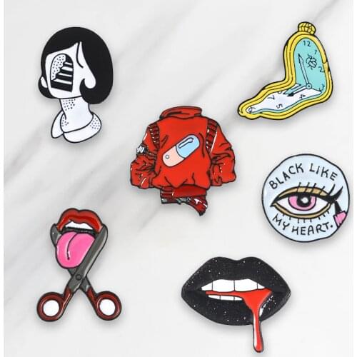 Punk Jean Clock Eye Enamel Brooch Woman face hole Lips Tongue Button Pin clothes Badge Dark series Jewelry Gift for Friends