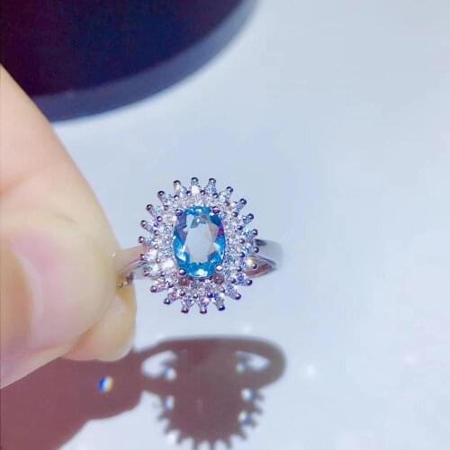 Natural light blue Aquamarine Ring S925 Silver Natural Gemstone Ring Fashion grace round Diana Women girl party gift Jewelry