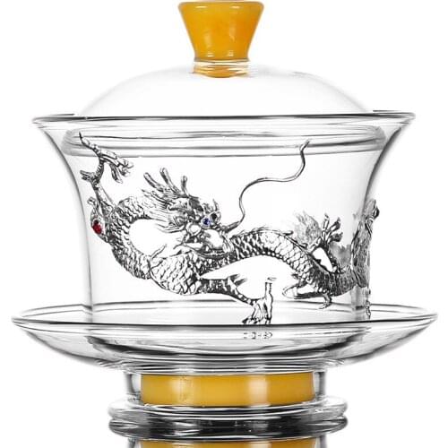 Creative Glass Dragon Gaiwan with Lid Saucer Kit Vintage Drinkware Office Phoenix Make Tea Kettle Tureen for Birthday Gifts