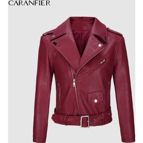 CARANFIER Women Faux Leather Jacket Winter Autumn Lady Coats Black Lapel Moto Biker Jacket Punk Outerwear with Belt EU SIZE